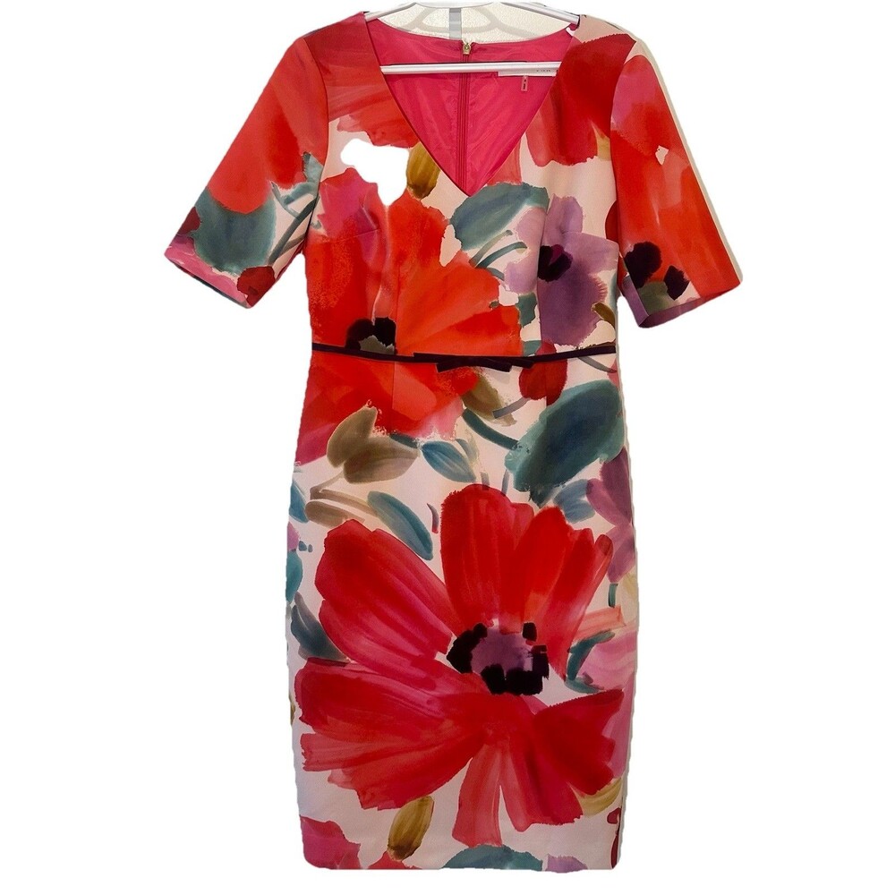 Trina Turk Floral Sheath Dress Size 8 Red Watercolor Print Short Sleeve